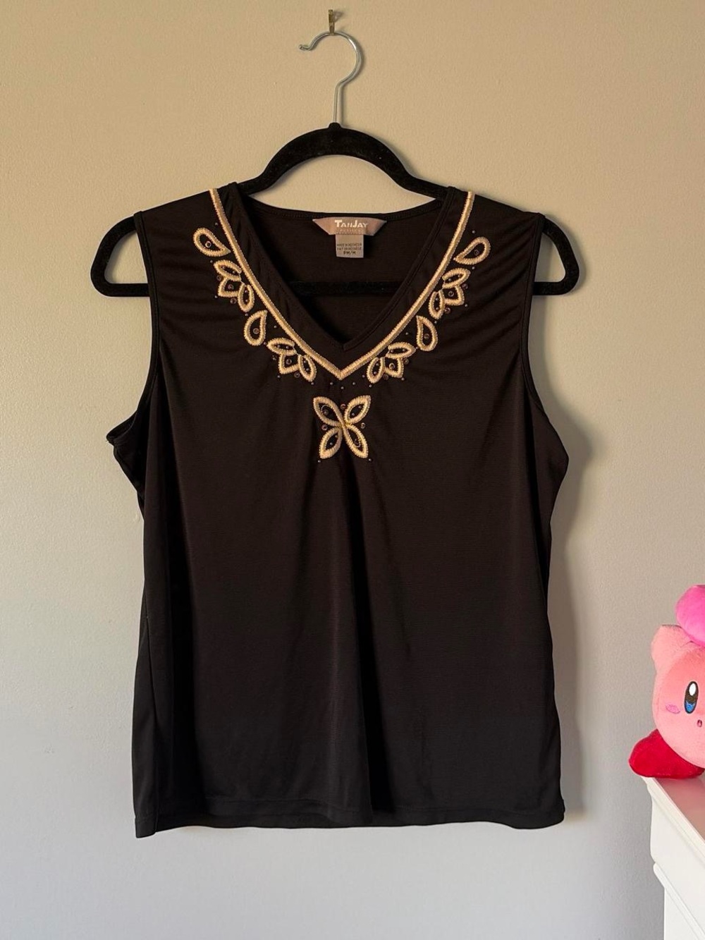 TanJay Black Sleeveless V-Neck Tank with Gold Embroidery